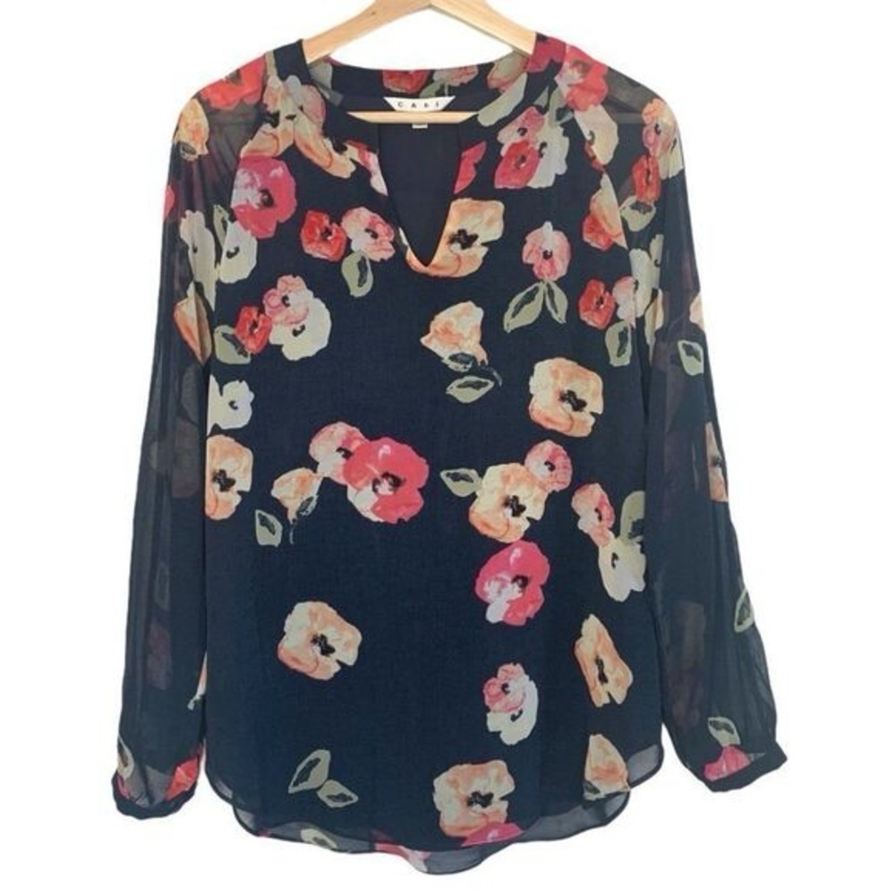 Cabi Navy and Floral Semi Shear Long Sleeve Top